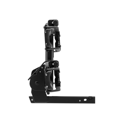 Black metal Kuat bike rack, folded up, on a white background