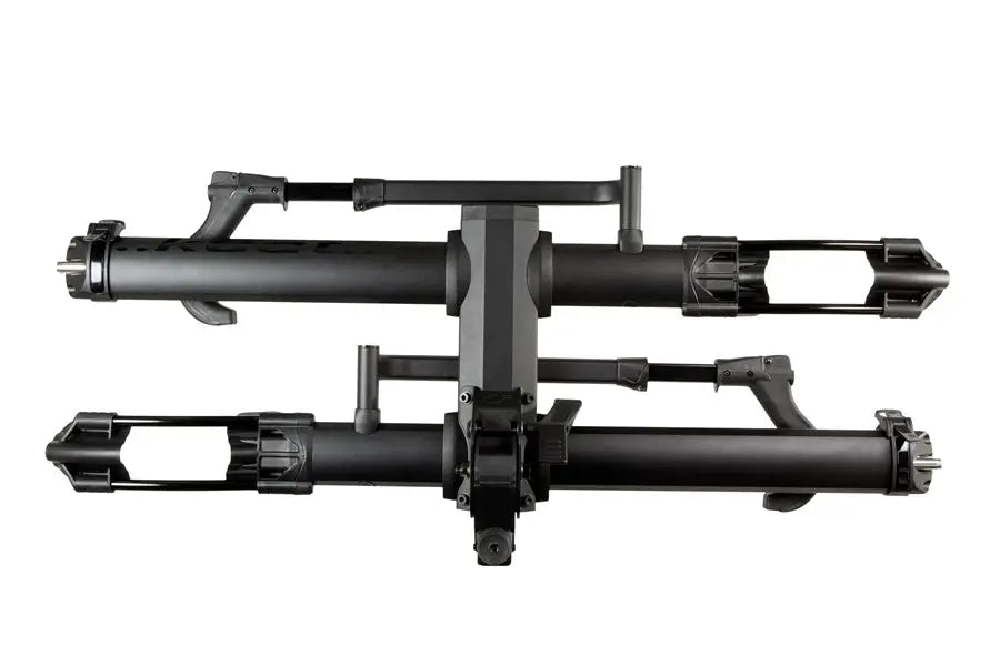Matte black 2-bike rack designed for hitch mounting on vehicles, featuring adjustable tire cradles and integrated cable locks.