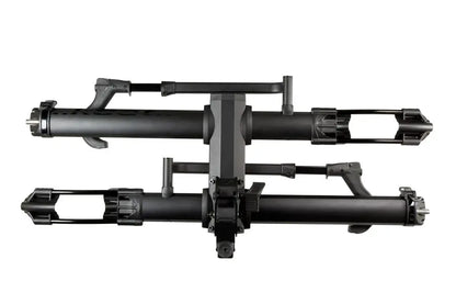 Matte black 2-bike rack designed for hitch mounting on vehicles, featuring adjustable tire cradles and integrated cable locks.