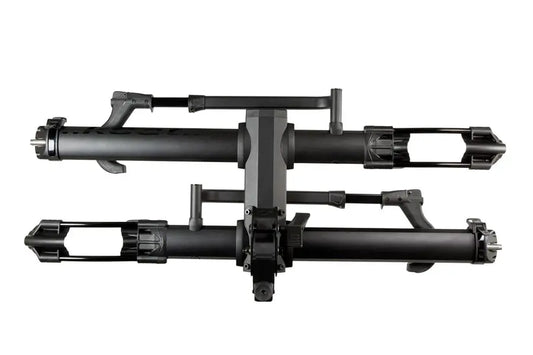 Matte black 2-bike rack designed for hitch mounting on vehicles, featuring adjustable tire cradles and integrated cable locks.