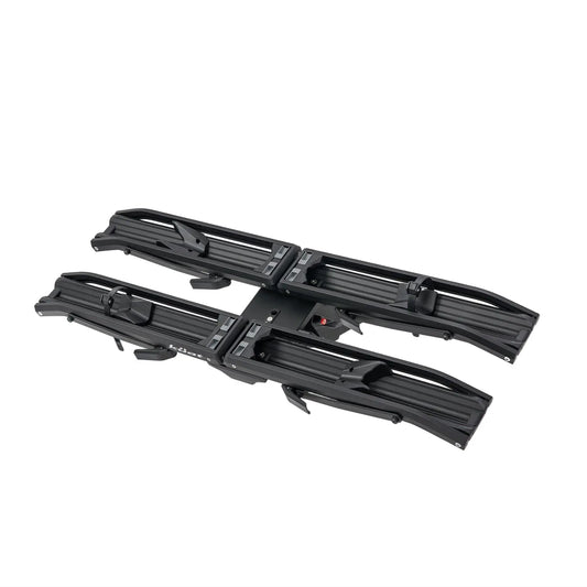 Black hitch mounted bike rack on a white background