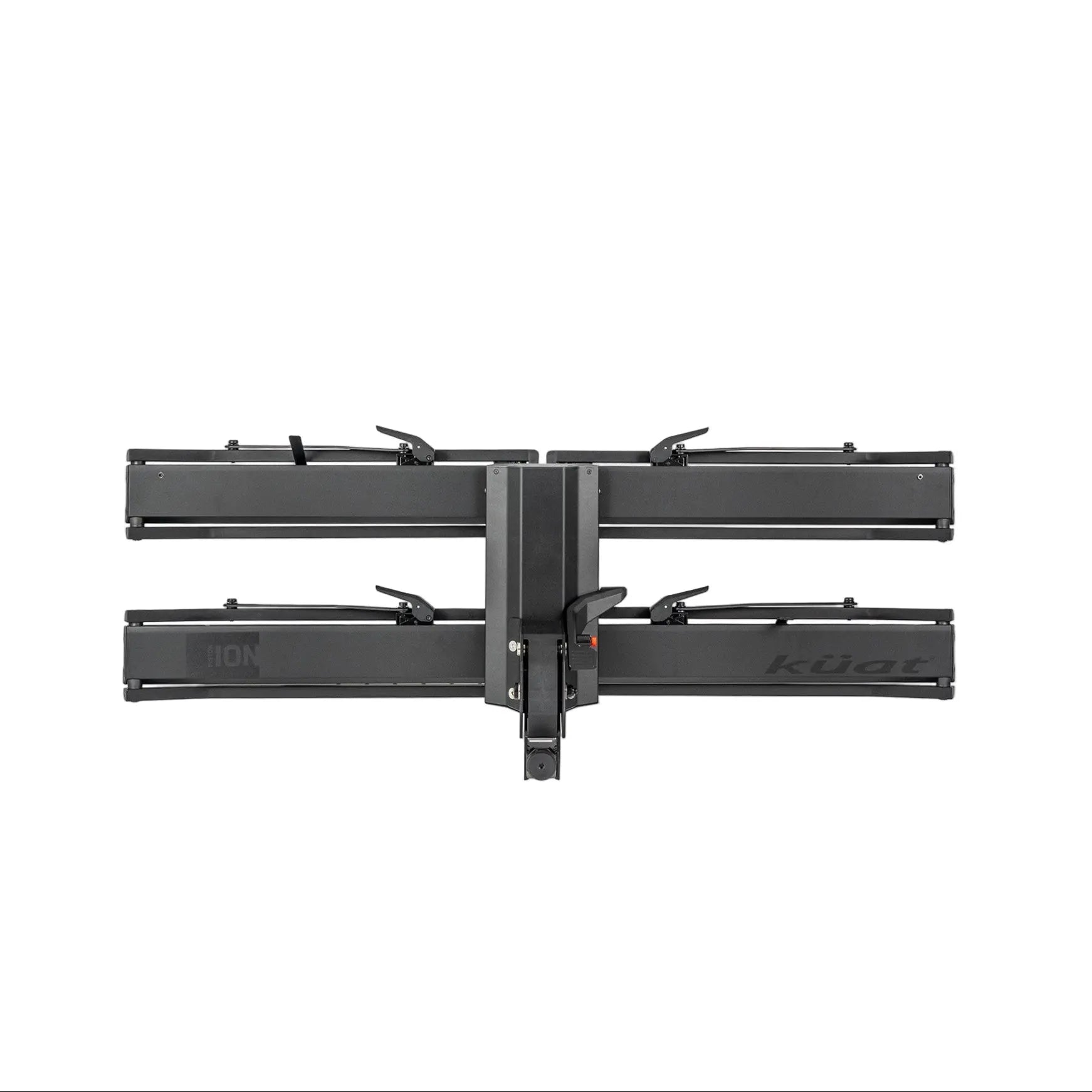 Black hitch mounted bike rack on a white background