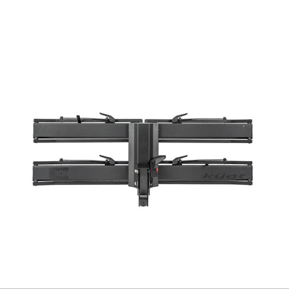 Black hitch mounted bike rack on a white background