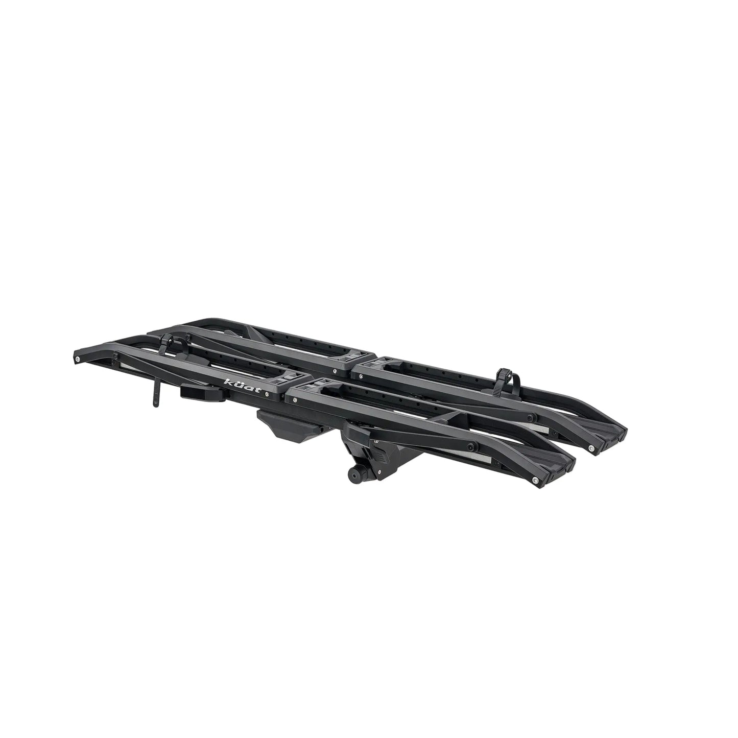 Black hitch mounted bike rack on a white background