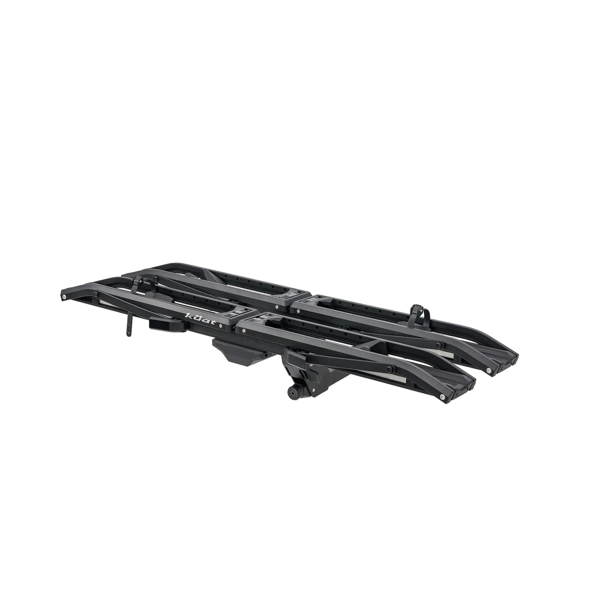 Black hitch mounted bike rack on a white background