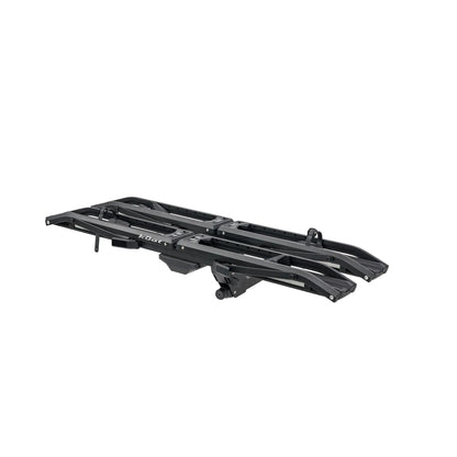 Black hitch mounted bike rack on a white background