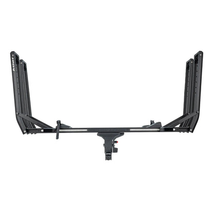 Black hitch mounted bike rack on a white background