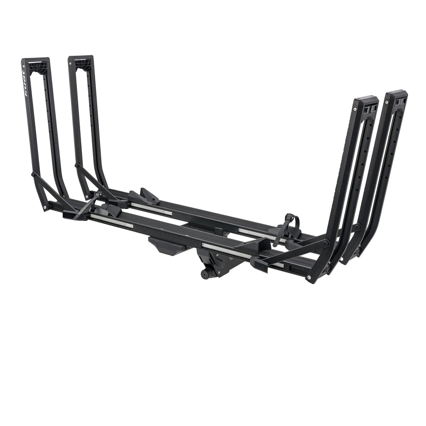 Black hitch mounted bike rack on a white background
