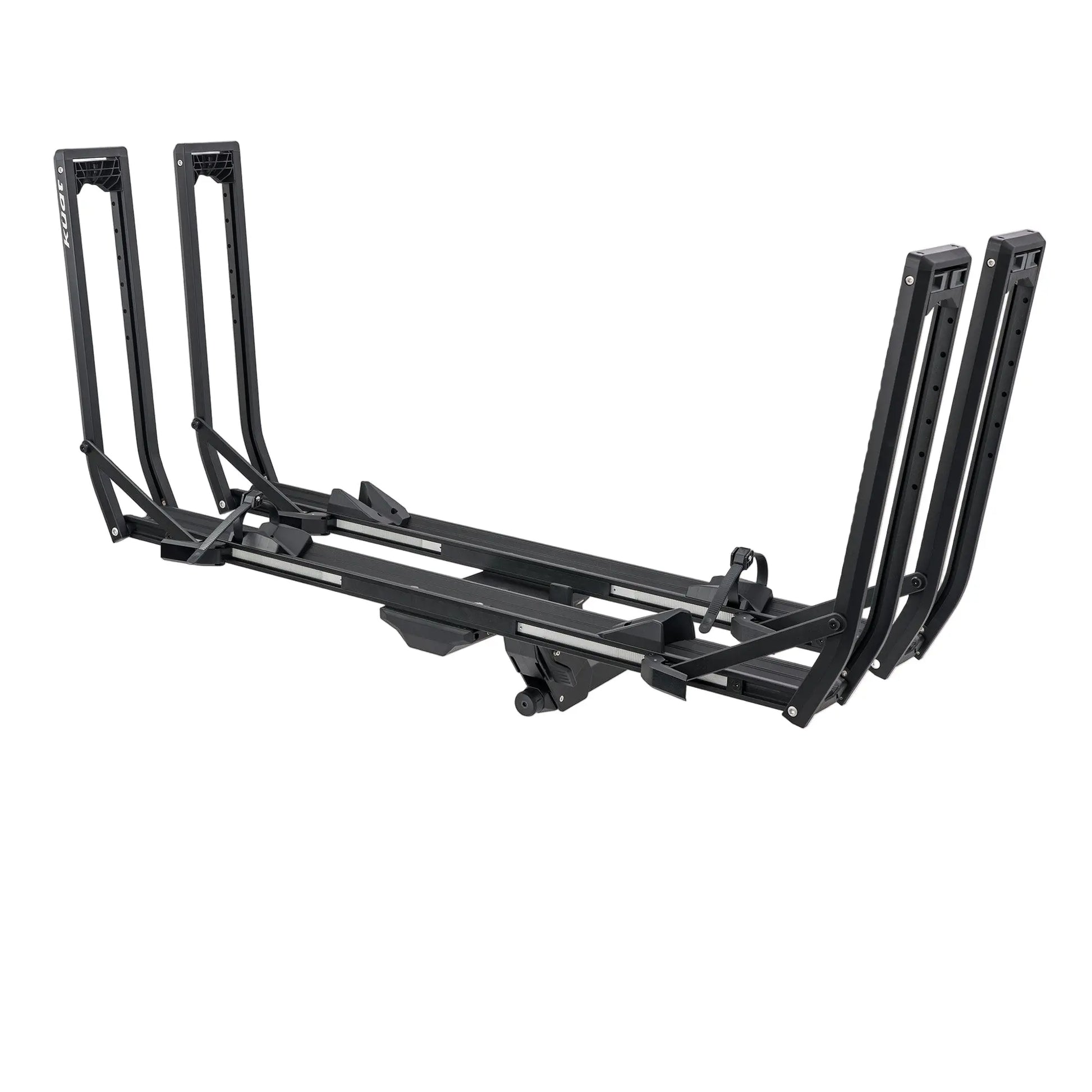 Black hitch mounted bike rack on a white background