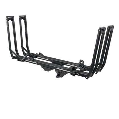 Black hitch mounted bike rack on a white background