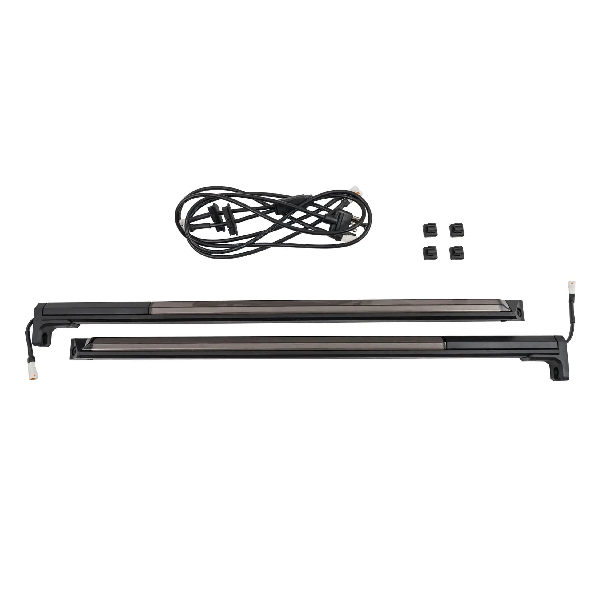 Two black LED light bars with wiring and connectors on a white background