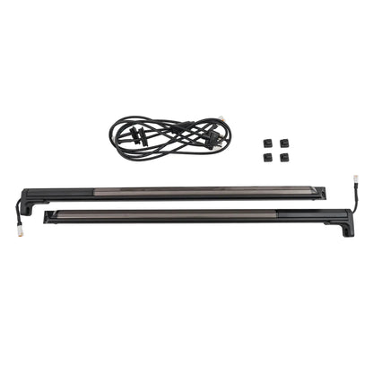 Two black LED light bars with wiring and connectors on a white background