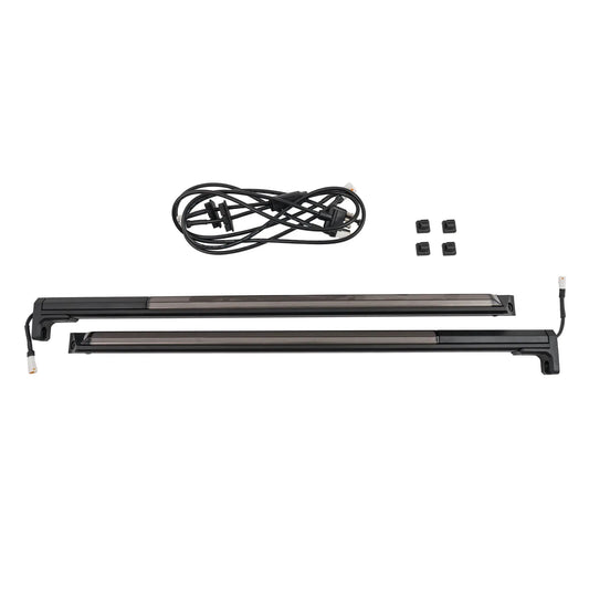 Two black LED light bars with wiring and connectors on a white background