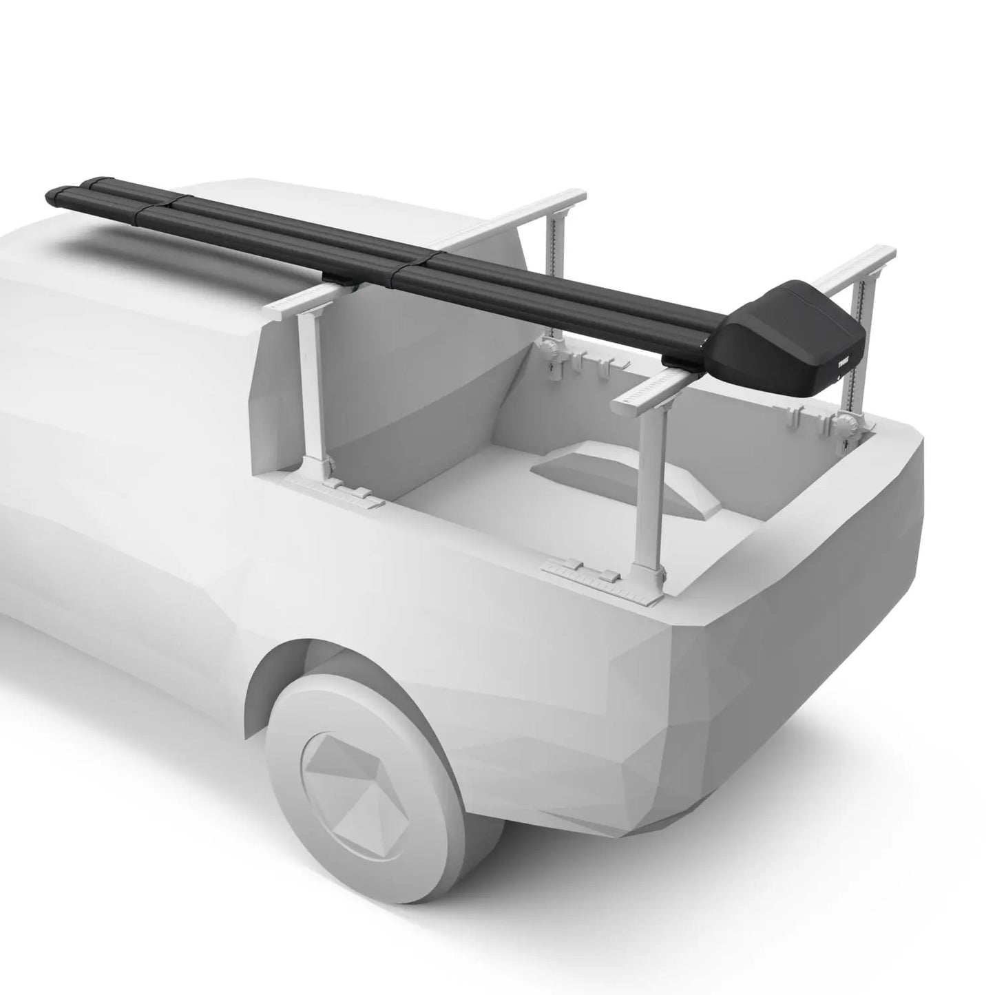 White vehicle with a black roof rack on a white background